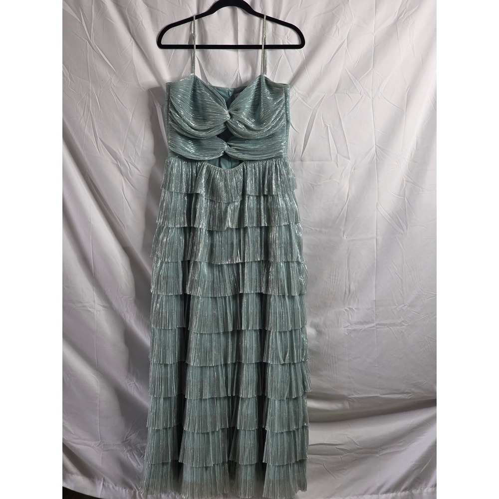 Gianni Bini Metallic Pleated Tiered Maxi Dress Sage Green Cutout Gown 10